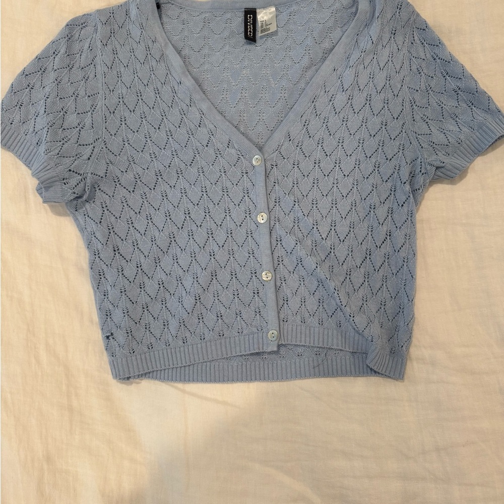 Sky Blue Knit Cropped Button-Up Cardigan